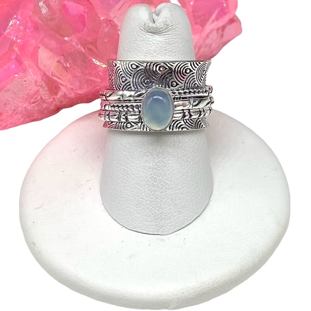 Hand Crafted Silver Tone Moonstone Stacked Ring with Blue-Grey Center